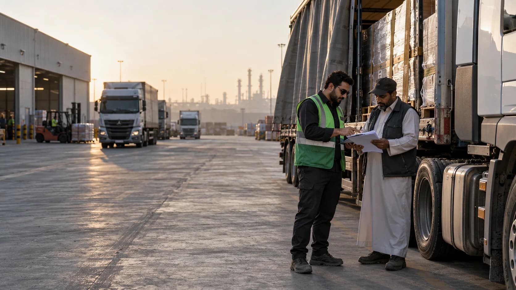 Dispatcher and driver checking freight paperwork beside a truck at a Saudi logistics yard