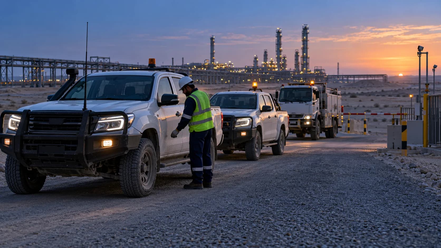 Field crew inspecting service vehicles near an Eastern Province industrial site