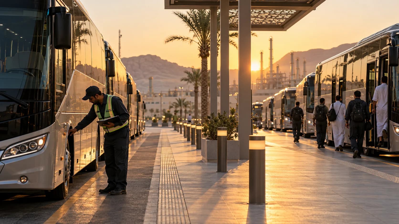 Driver inspecting a staff shuttle bus at a Saudi pickup point