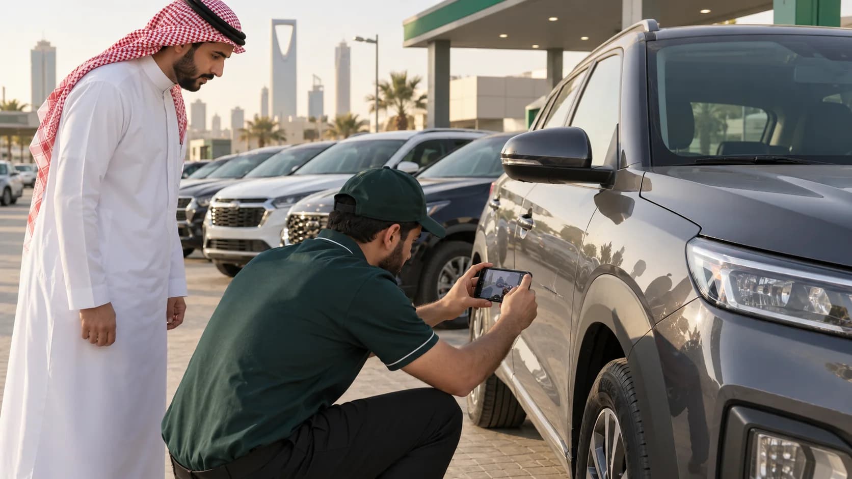 Rental employee documenting a vehicle's condition during handover in Riyadh