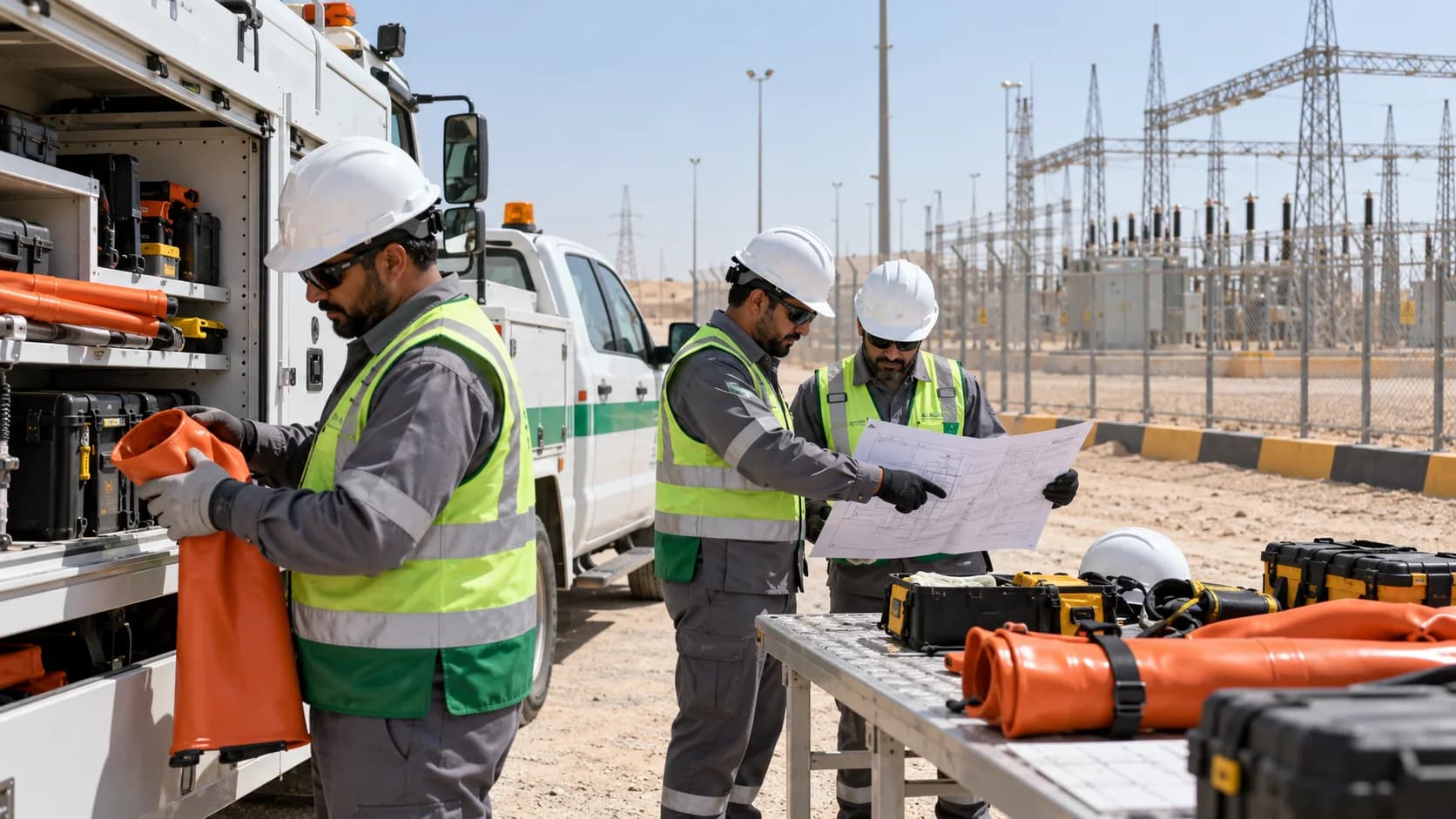 Utility crew preparing equipment beside a service truck