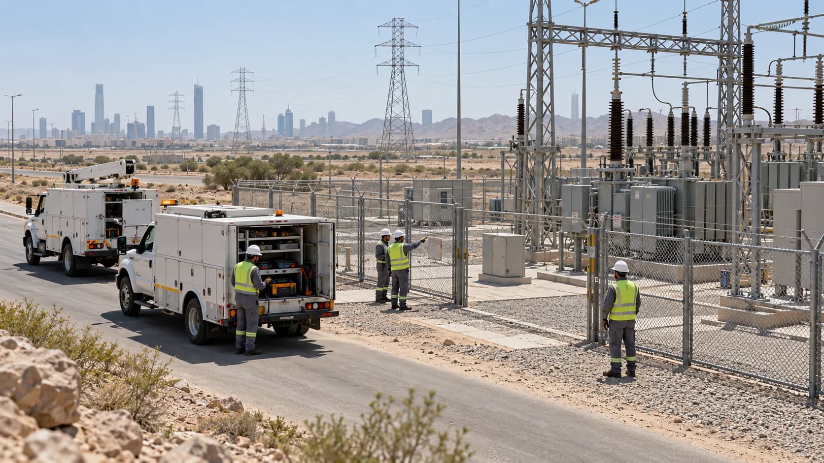 Utility field crew and service trucks at a Saudi electrical site