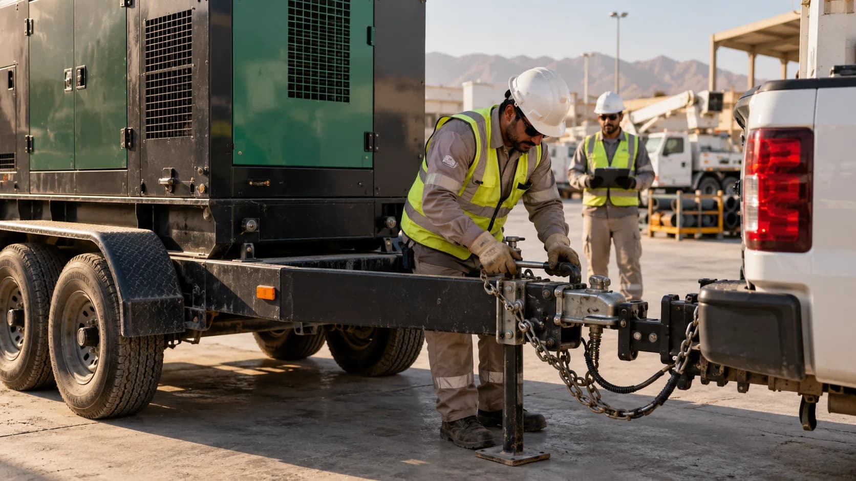 Crew checking a generator trailer before utility dispatch