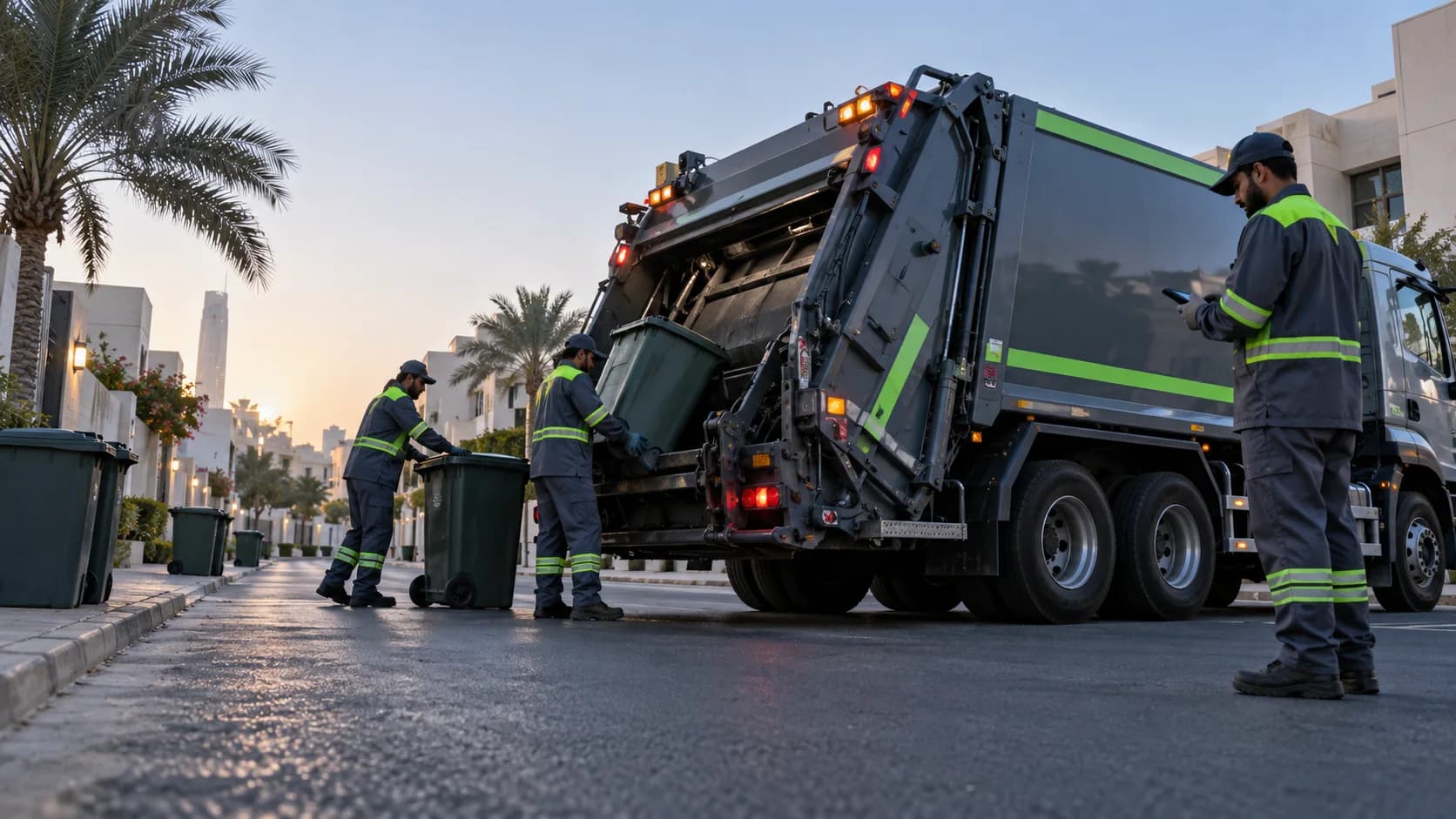Waste collection crew servicing bins on a Saudi residential route