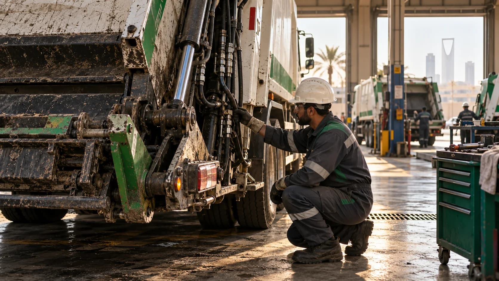 Mechanic inspecting the lift mechanism of a refuse truck