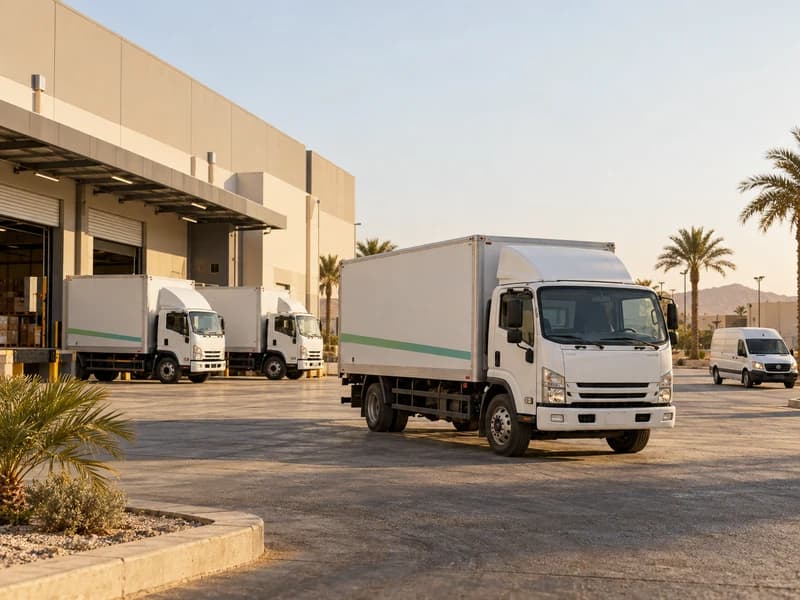 Illustrative photograph of white fleet trucks in a Saudi logistics yard.
