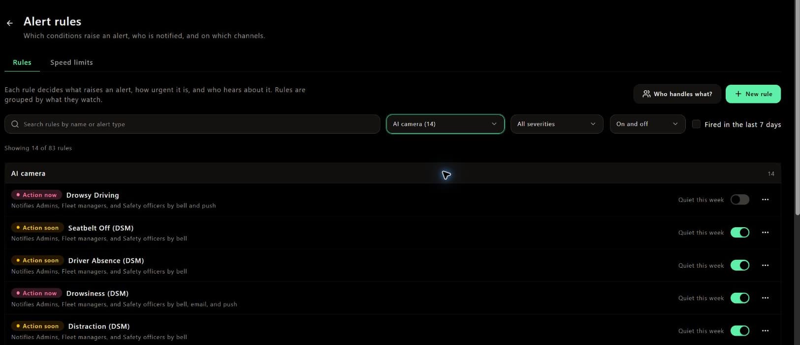 Camera alert rule settings in a demo workspace, showing event conditions and notification recipients