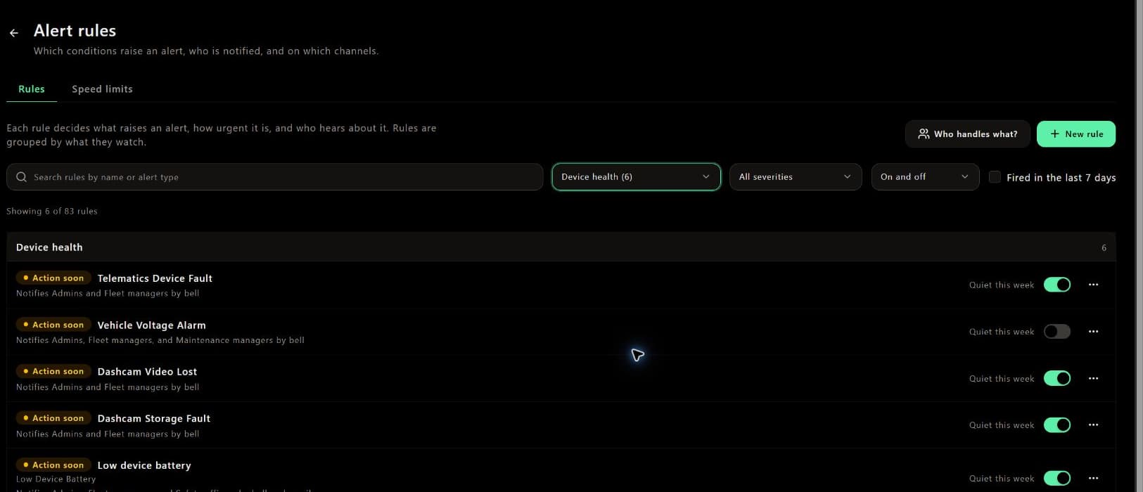 Device health alert rule settings in a demo workspace, showing configurable conditions and recipients