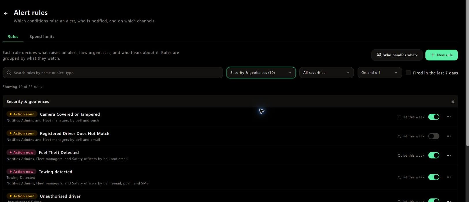 Geofence alert rule settings in a demo workspace, showing zone event conditions and notification recipients