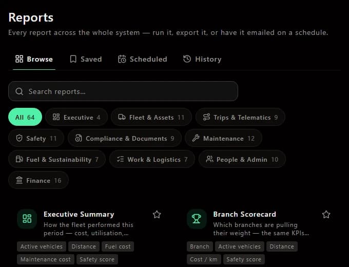 AlphaFleet report catalog in a demo workspace, showing fleet, safety, compliance and cost report categories