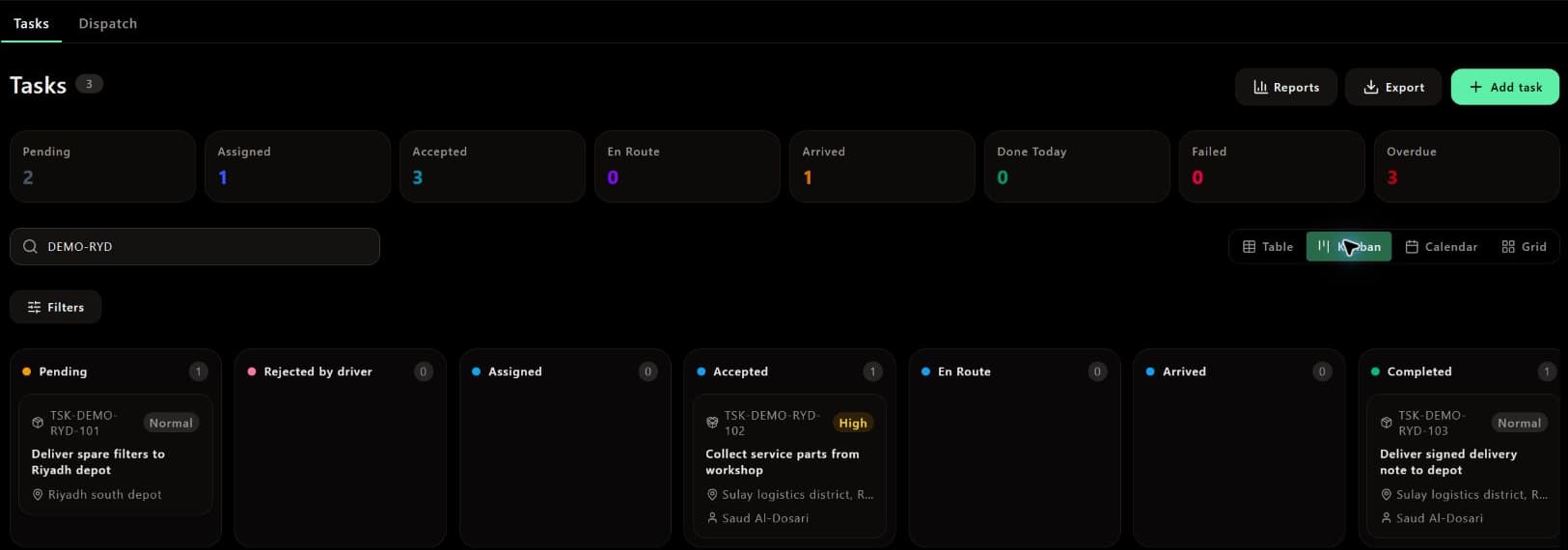 Dispatch task board in a demo workspace, showing three staged tasks with pending, accepted and completed statuses