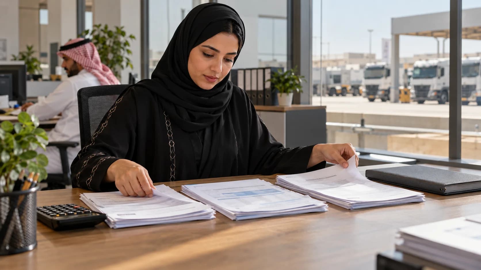 A finance professional separating customer invoices, supplier bills and workshop records.