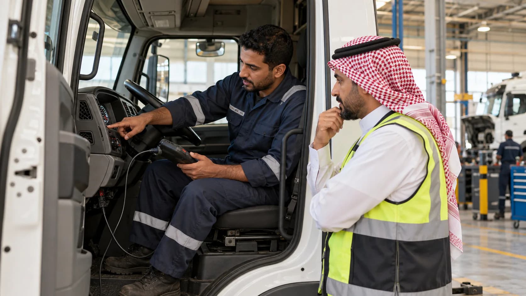 A technician checking a parked truck's instrument panel during fault assessment.