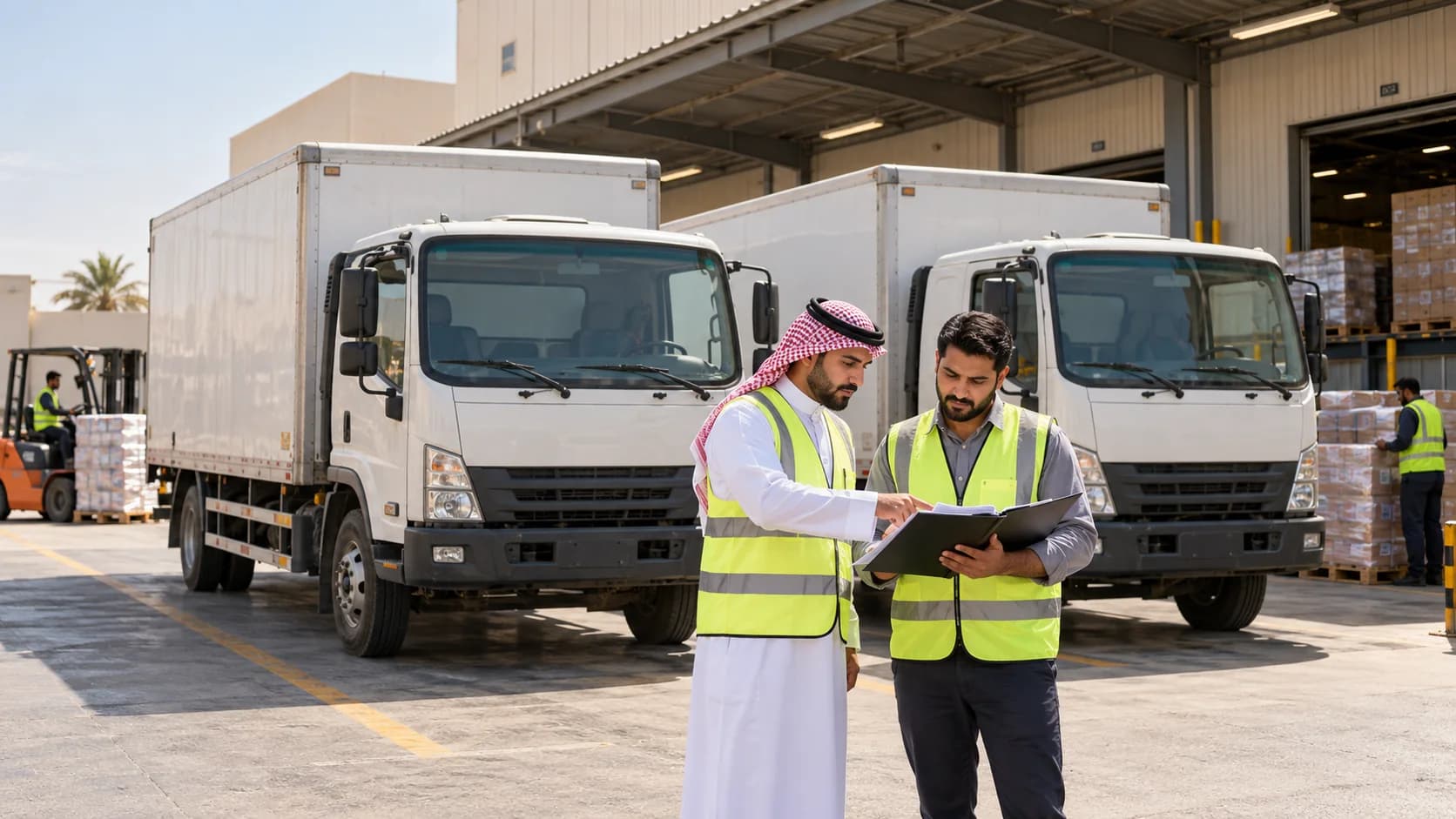 Fleet colleagues comparing similar delivery trucks and their operating assignments.