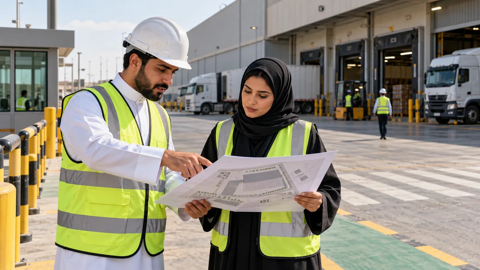 A dispatcher and site supervisor checking a plan against the depot's actual entrance.
