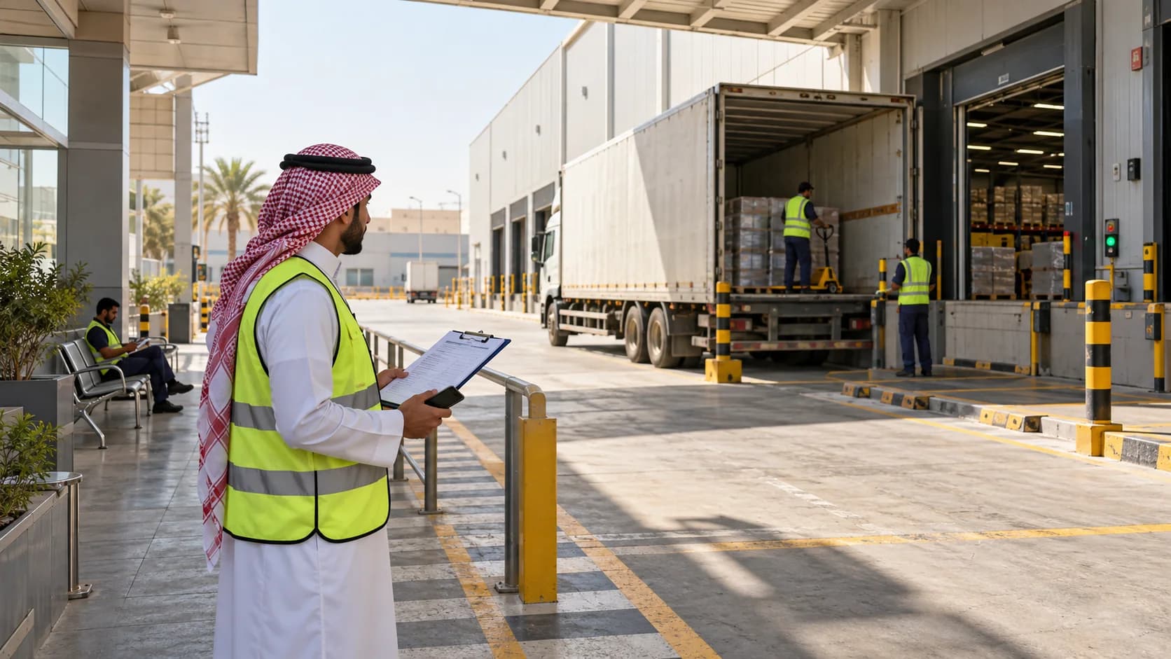 A coordinator checking an actual truck visit at a depot receiving bay.