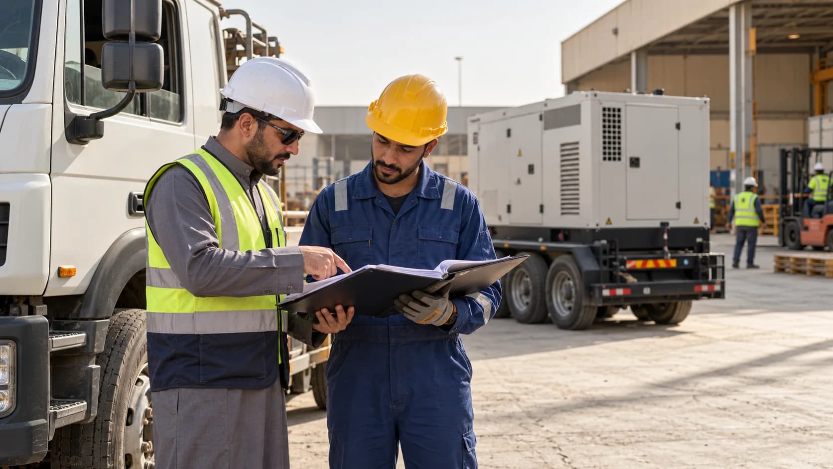 Fleet staff comparing truck activity and equipment-hours records beside different assets.