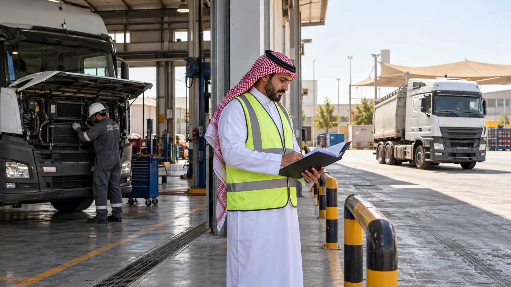 A supervisor reviewing a vehicle in a service bay and another parked ready for assignment.