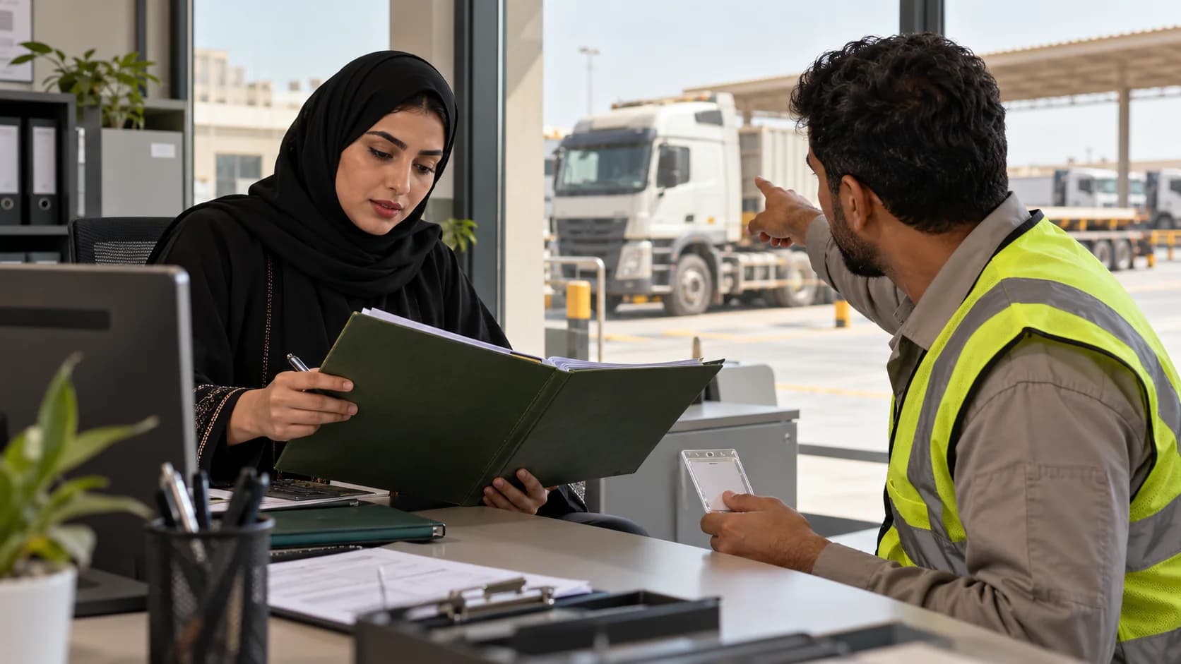 A fleet administrator and driver confirming an updated vehicle assignment.