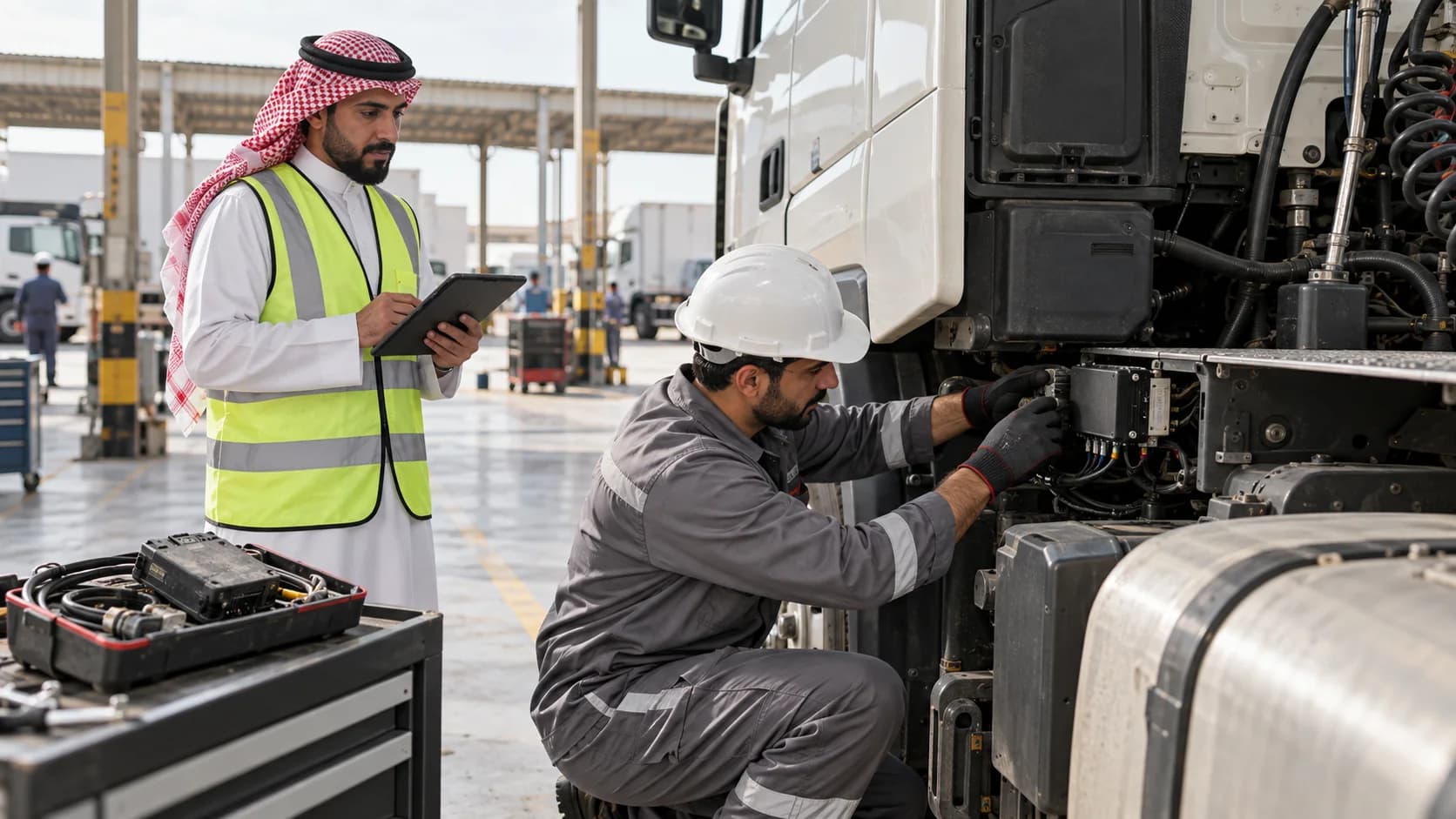 A technician and coordinator verifying a tracking-device replacement on a parked truck.