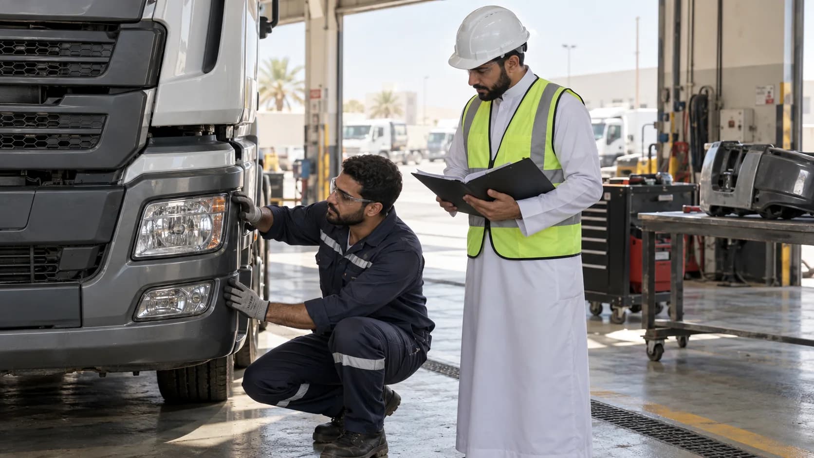 A technician and supervisor checking completed repair work before release.