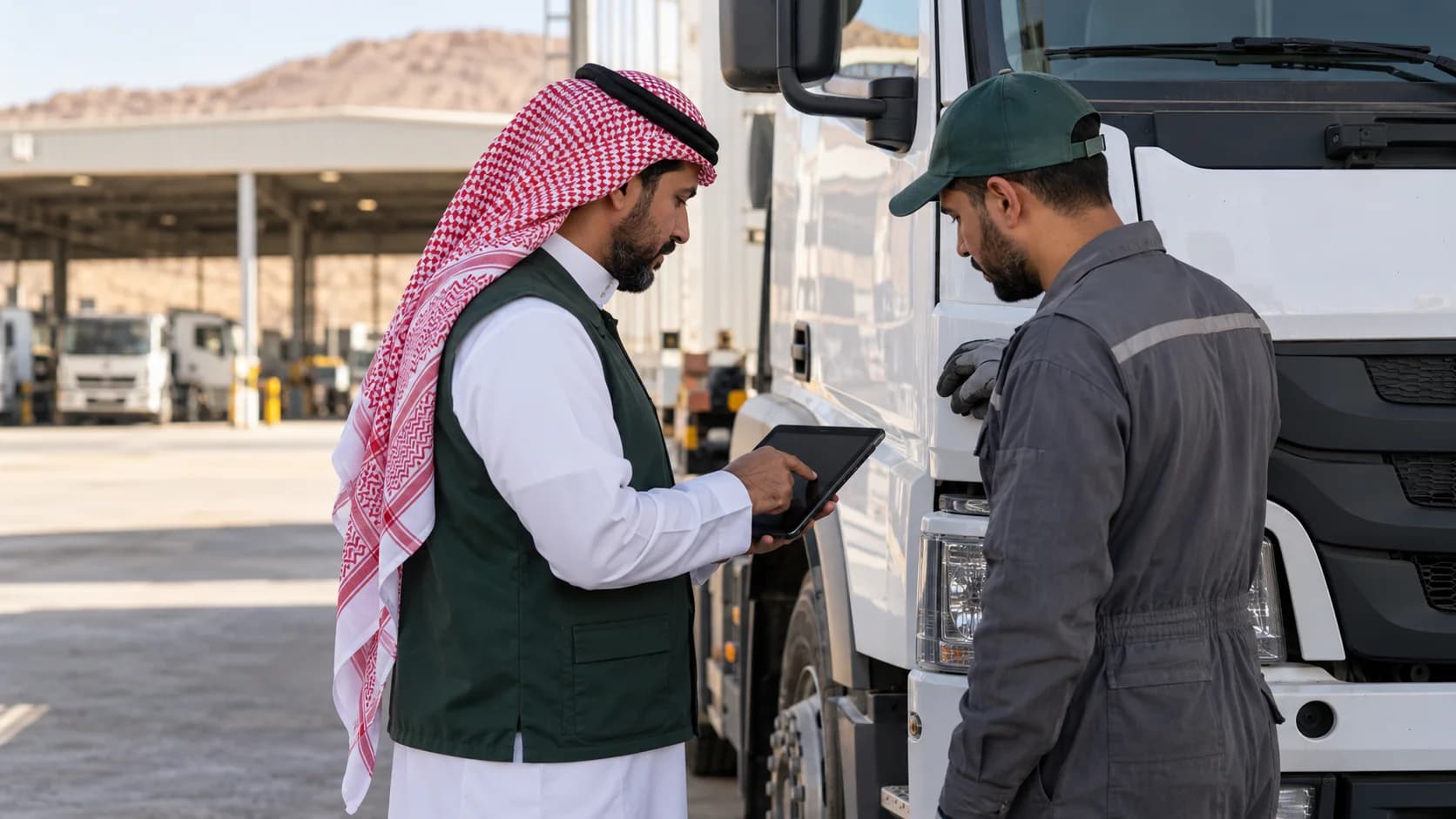 A supervisor and technician testing a tablet workflow beside a parked truck.