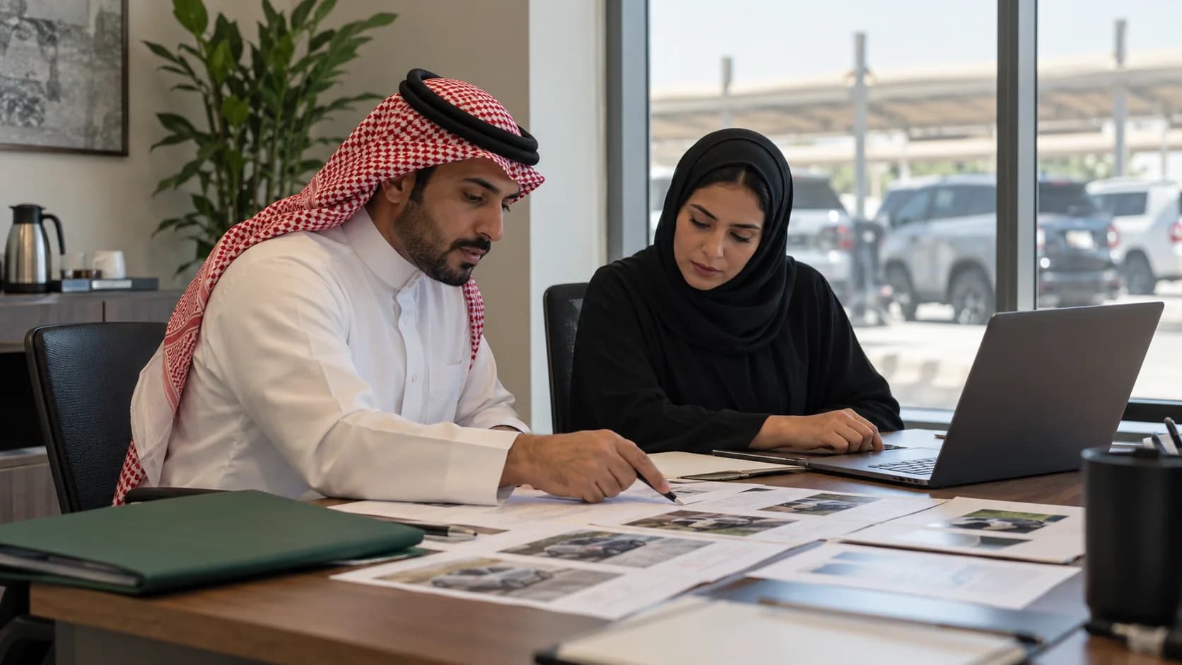 Two evaluators comparing trial notes and score sheets in an office.