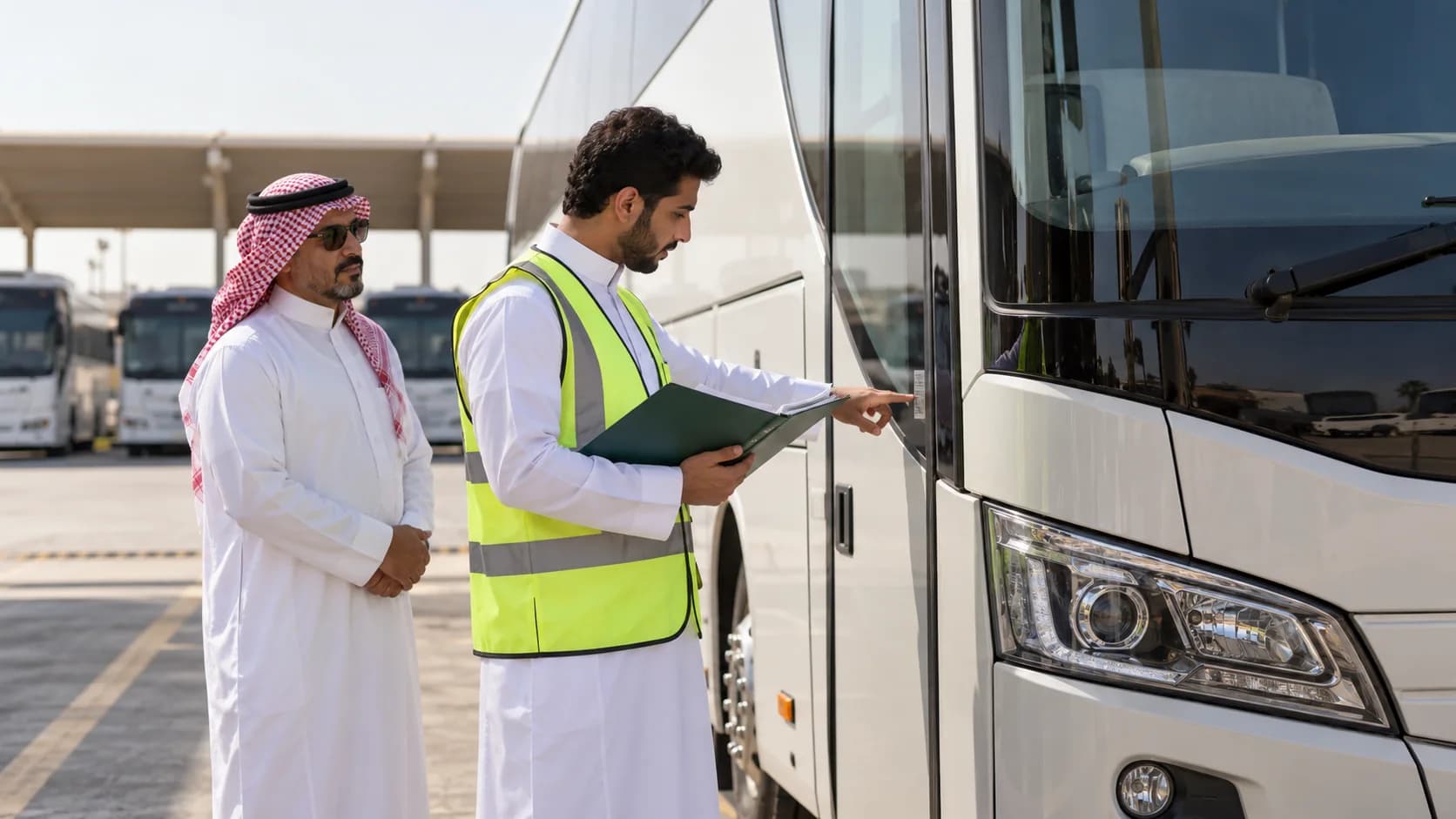 A coordinator matching a parked coach with its source records while a colleague watches.