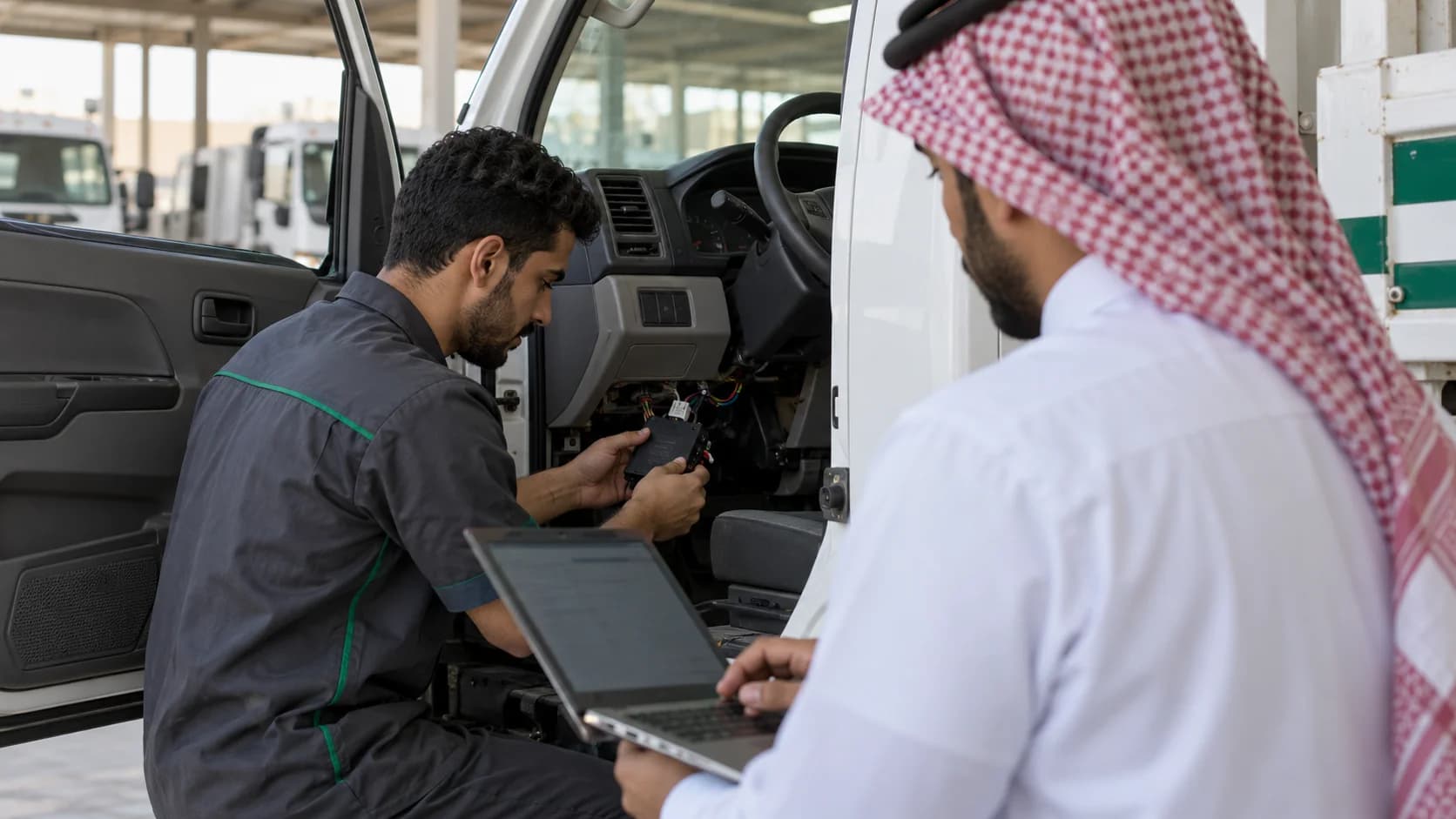 A technician inspecting a parked truck's tracking unit while a coordinator checks a laptop.