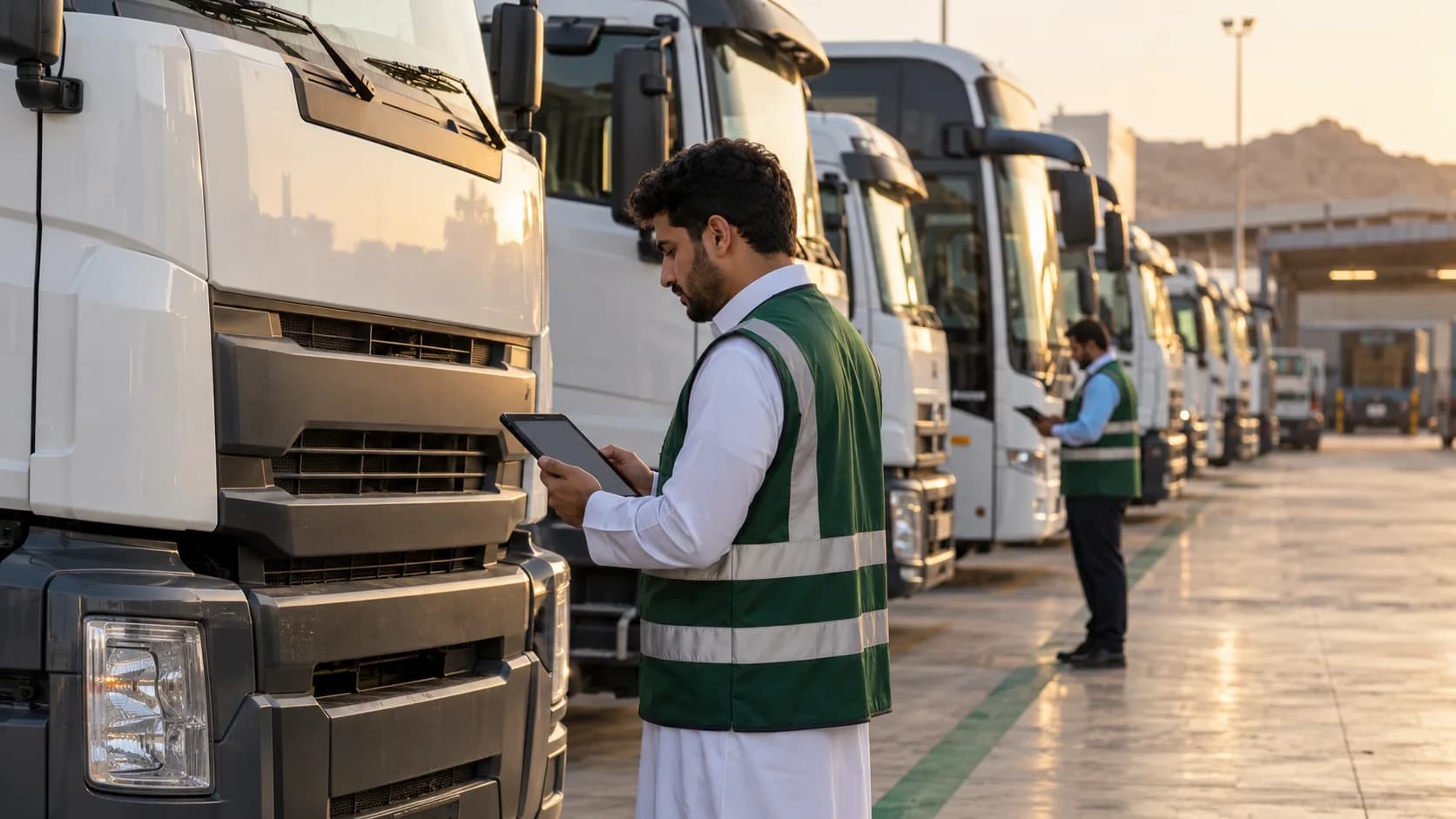 Staff checking parked trucks against the active fleet list during a depot walk-through.
