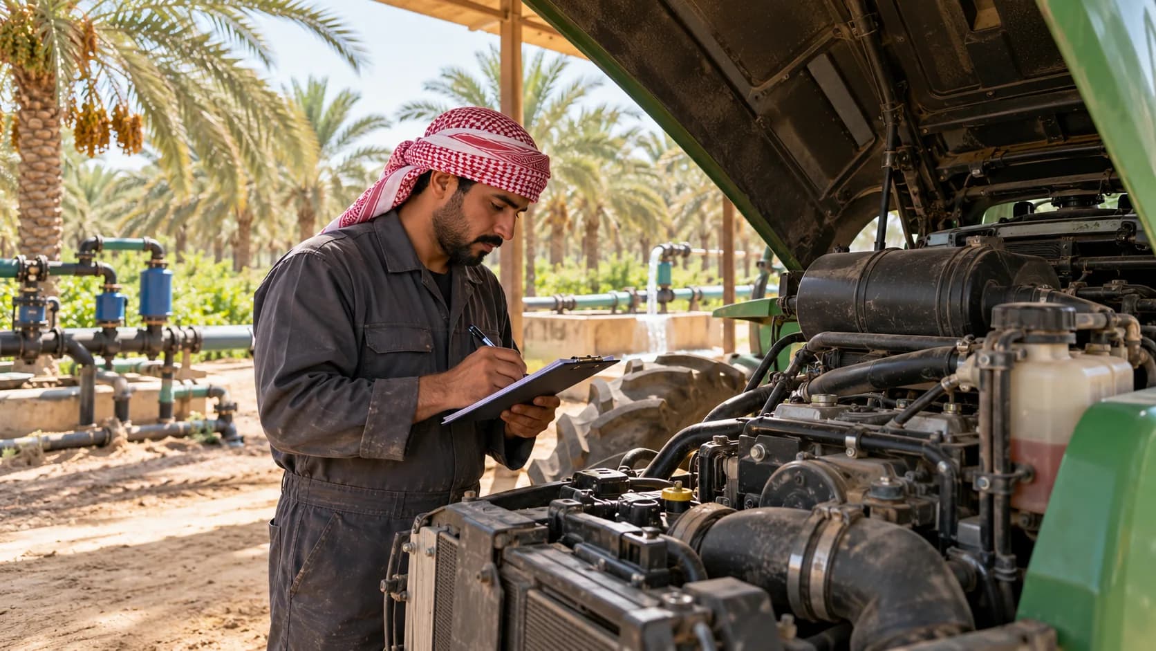 Mechanic checking a tractor engine on a date-palm farm