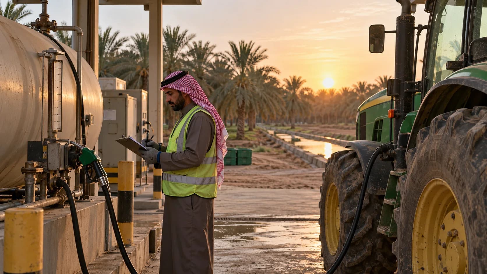 Farm supervisor checking tractor refuelling records among date palms