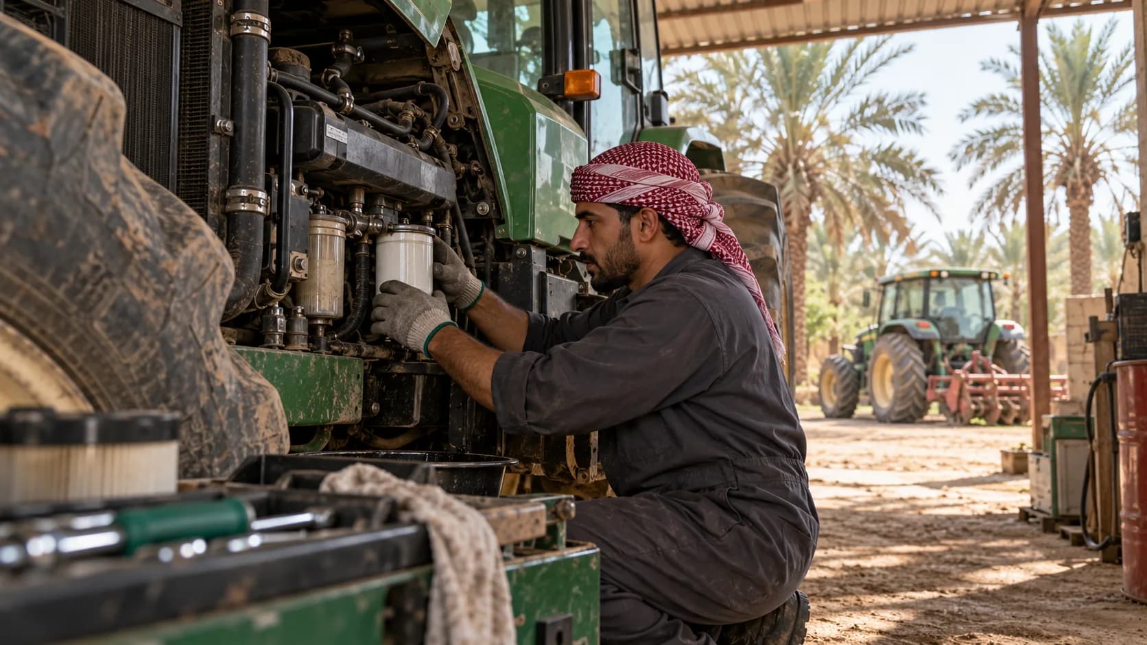 Mechanic servicing a tractor at a Saudi date farm