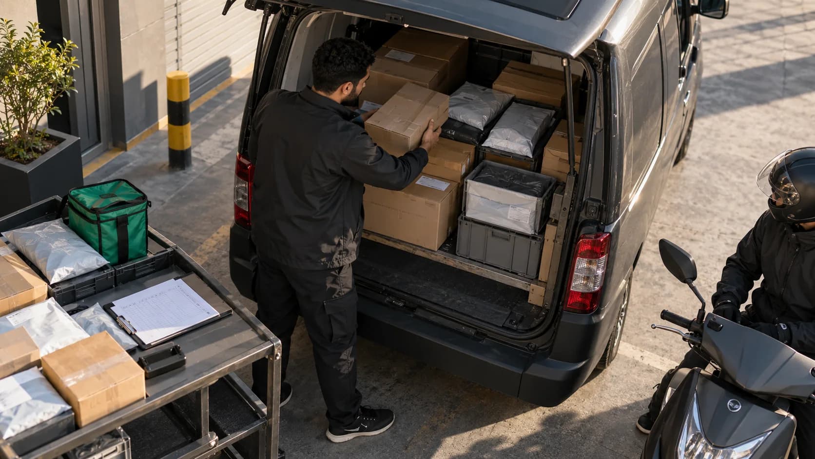 Courier sorting parcels into a delivery van before a route