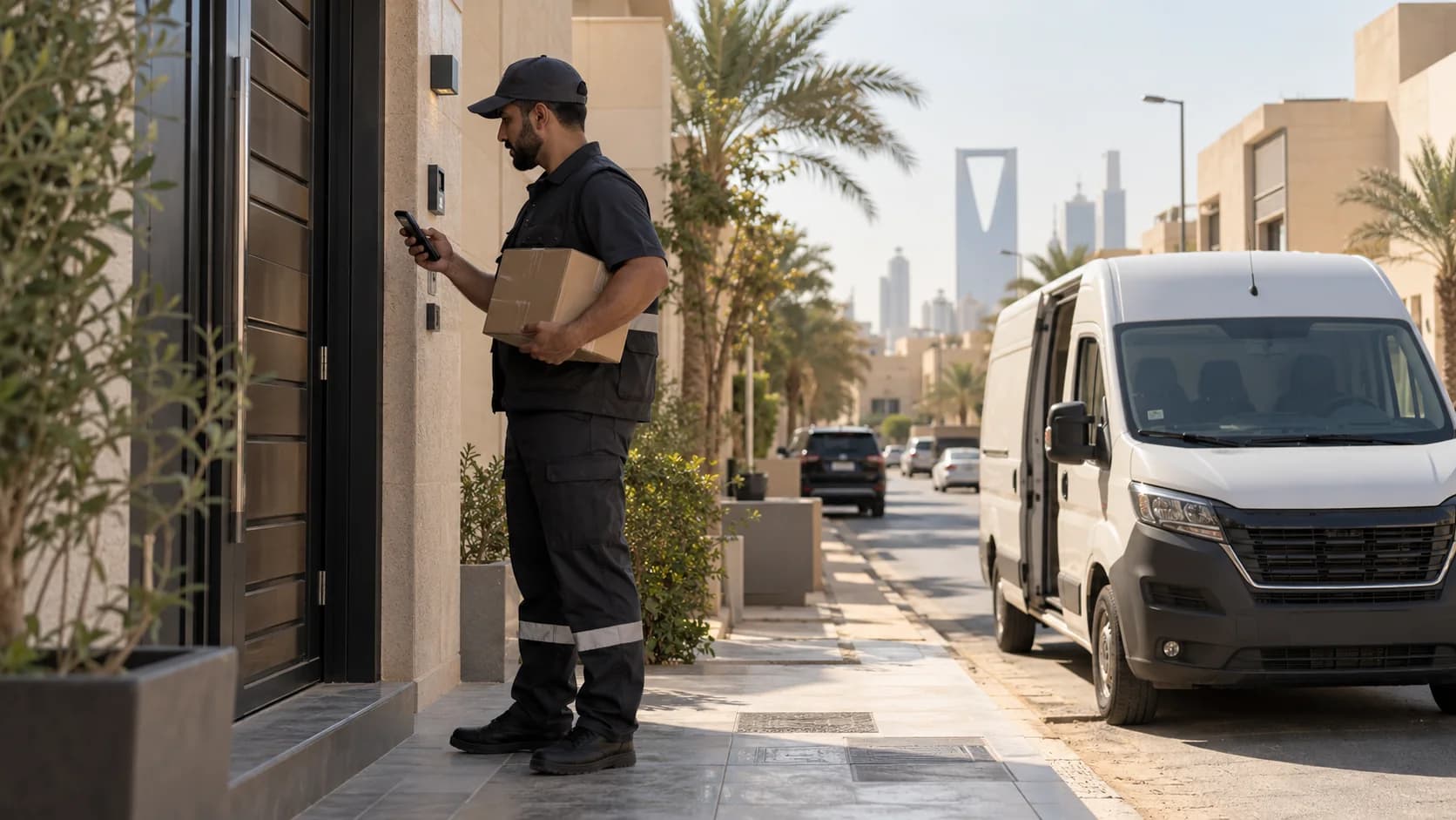 Courier recording a delivery attempt beside a van on a Saudi street