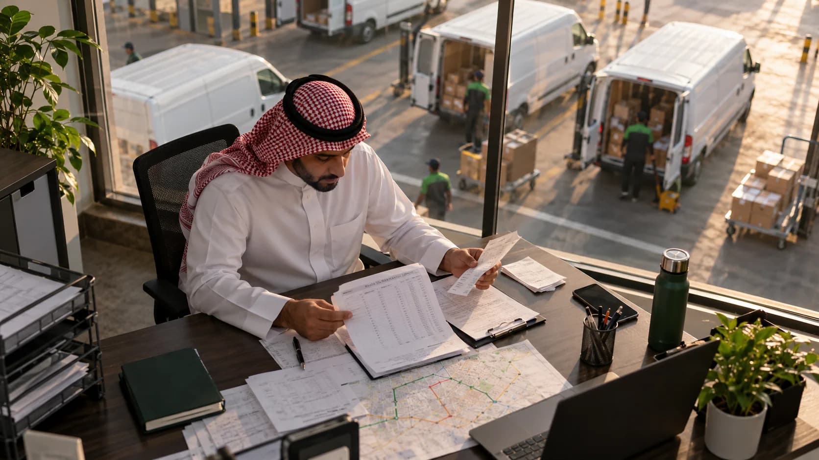 Delivery analyst reviewing route and fuel records at a depot