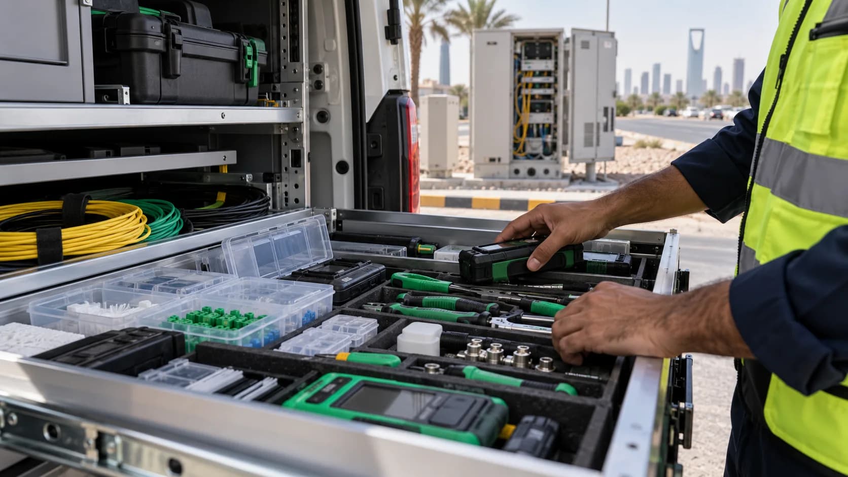 Technician checking organized tools in a service van