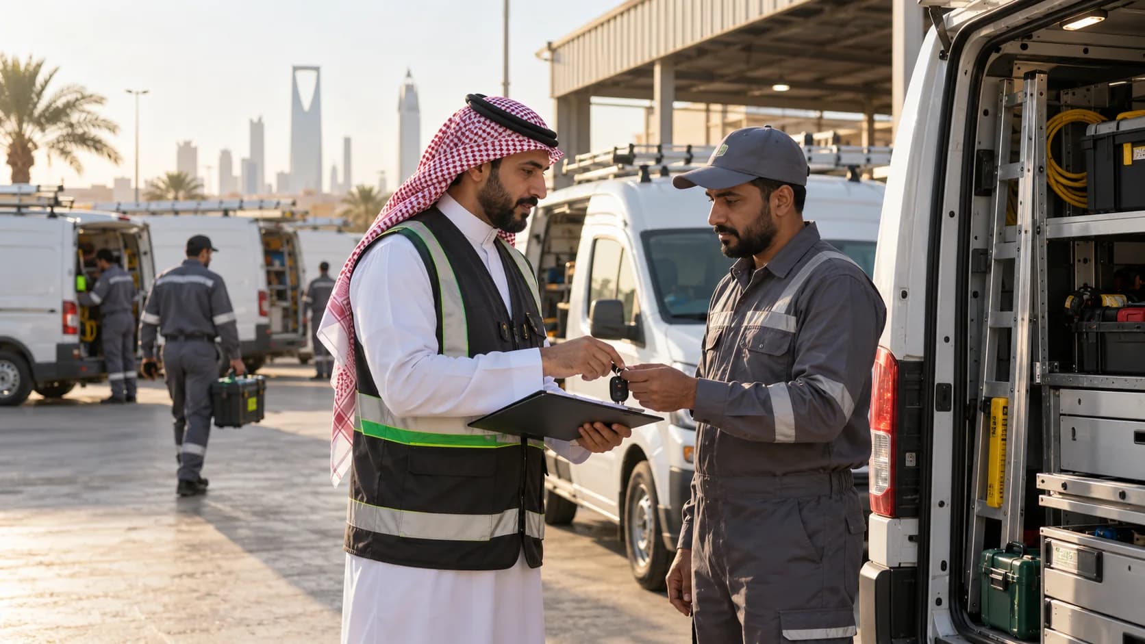 Dispatcher and technician checking a service van assignment