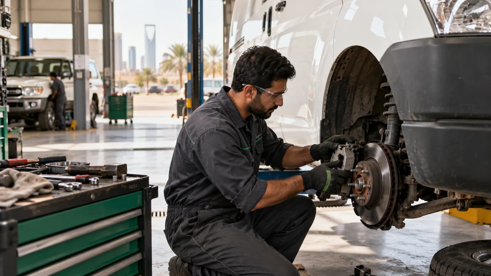 Mechanic repairing a service van in a Saudi workshop
