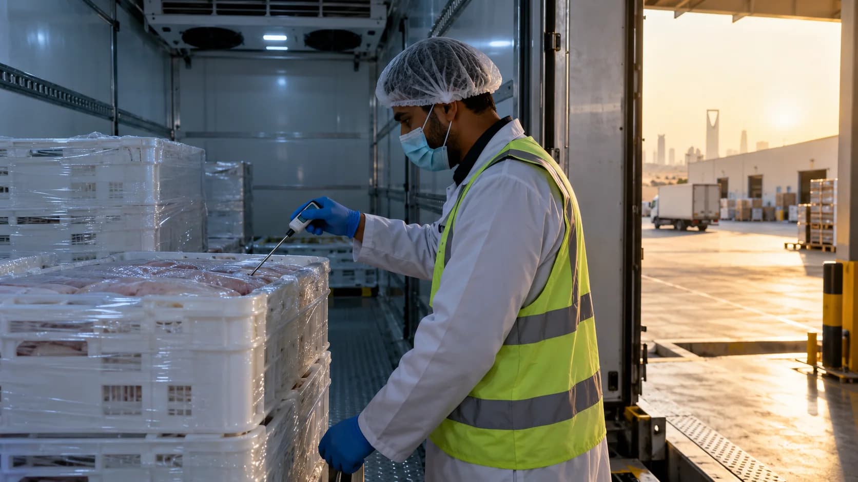 Worker checking chilled cartons inside a refrigerated vehicle