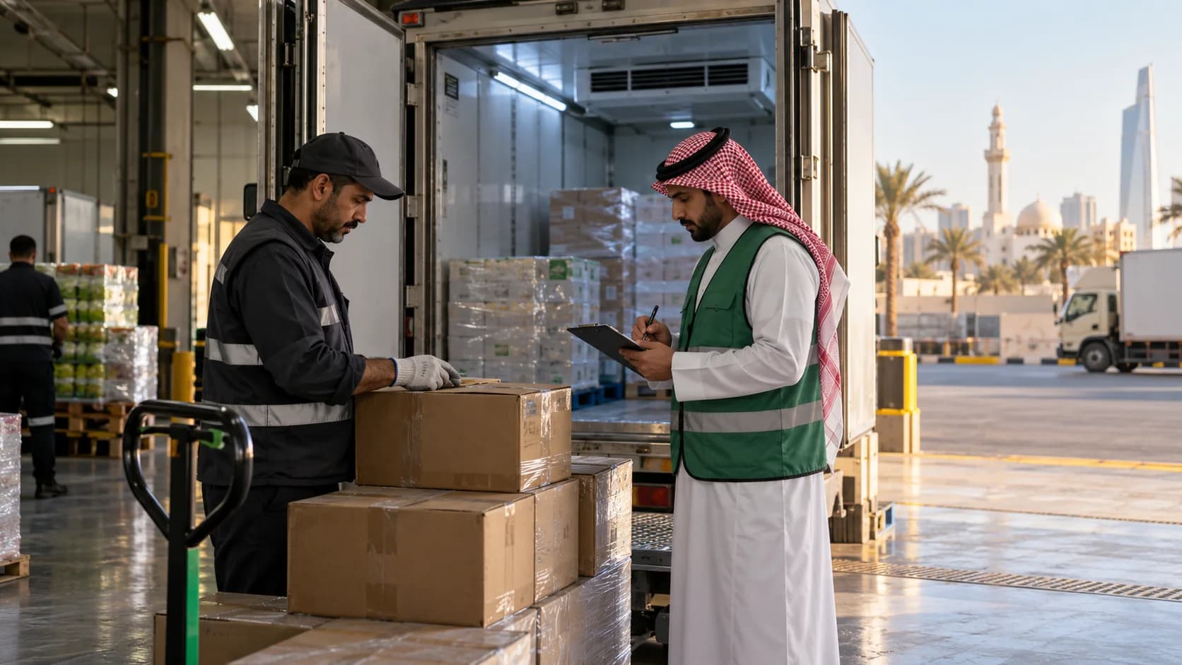 Driver and receiver checking chilled cartons at a refrigerated loading bay