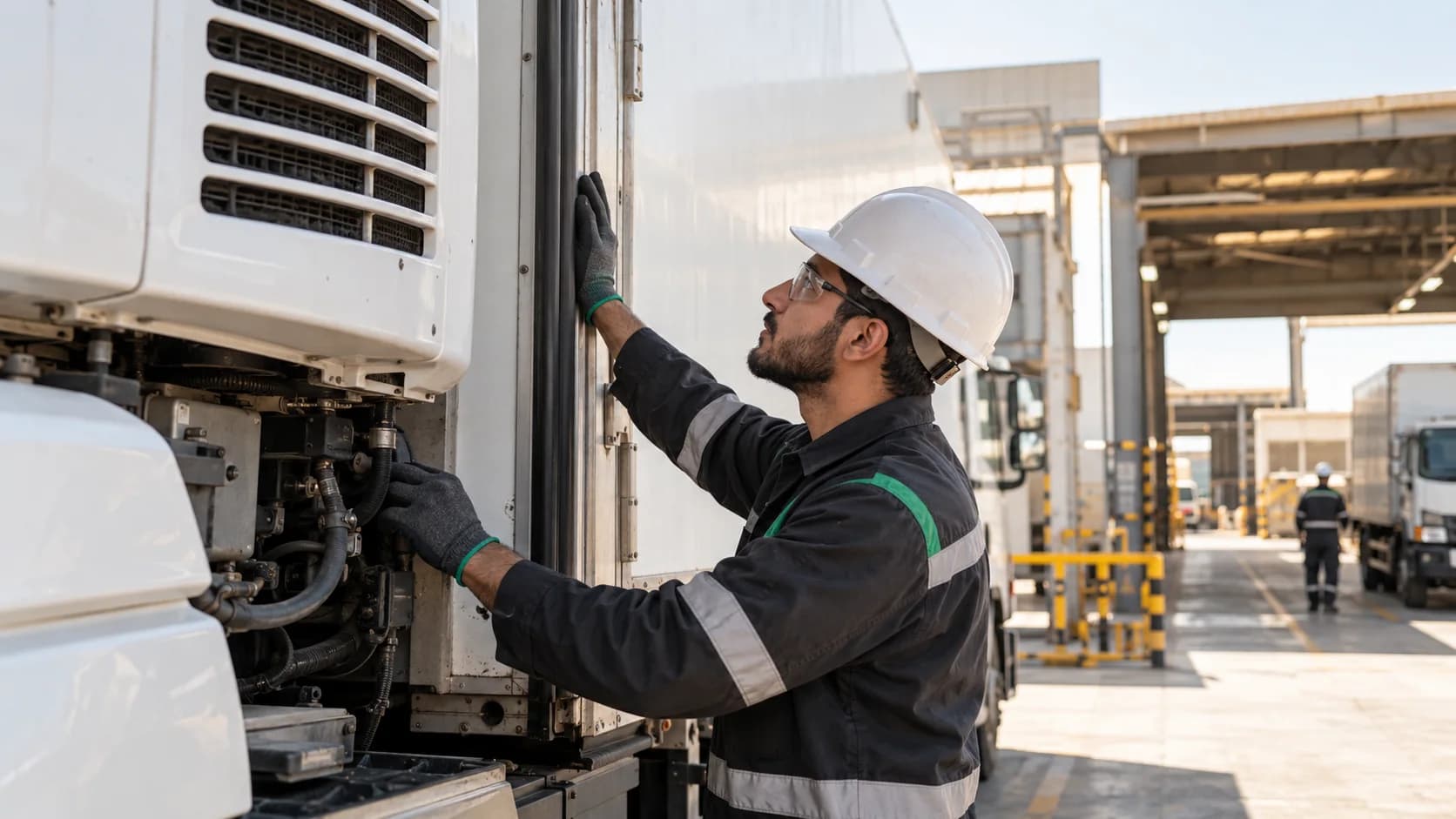 Technician inspecting a refrigerated truck unit before loading