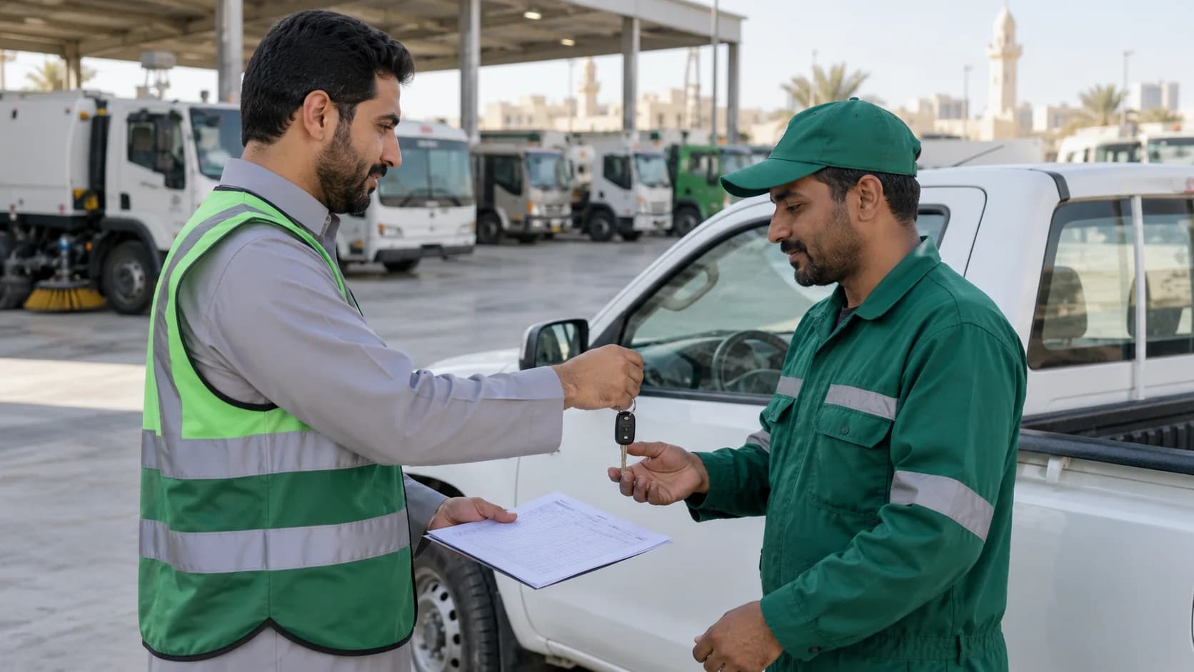 Supervisor handing a vehicle key and assignment to a municipal driver