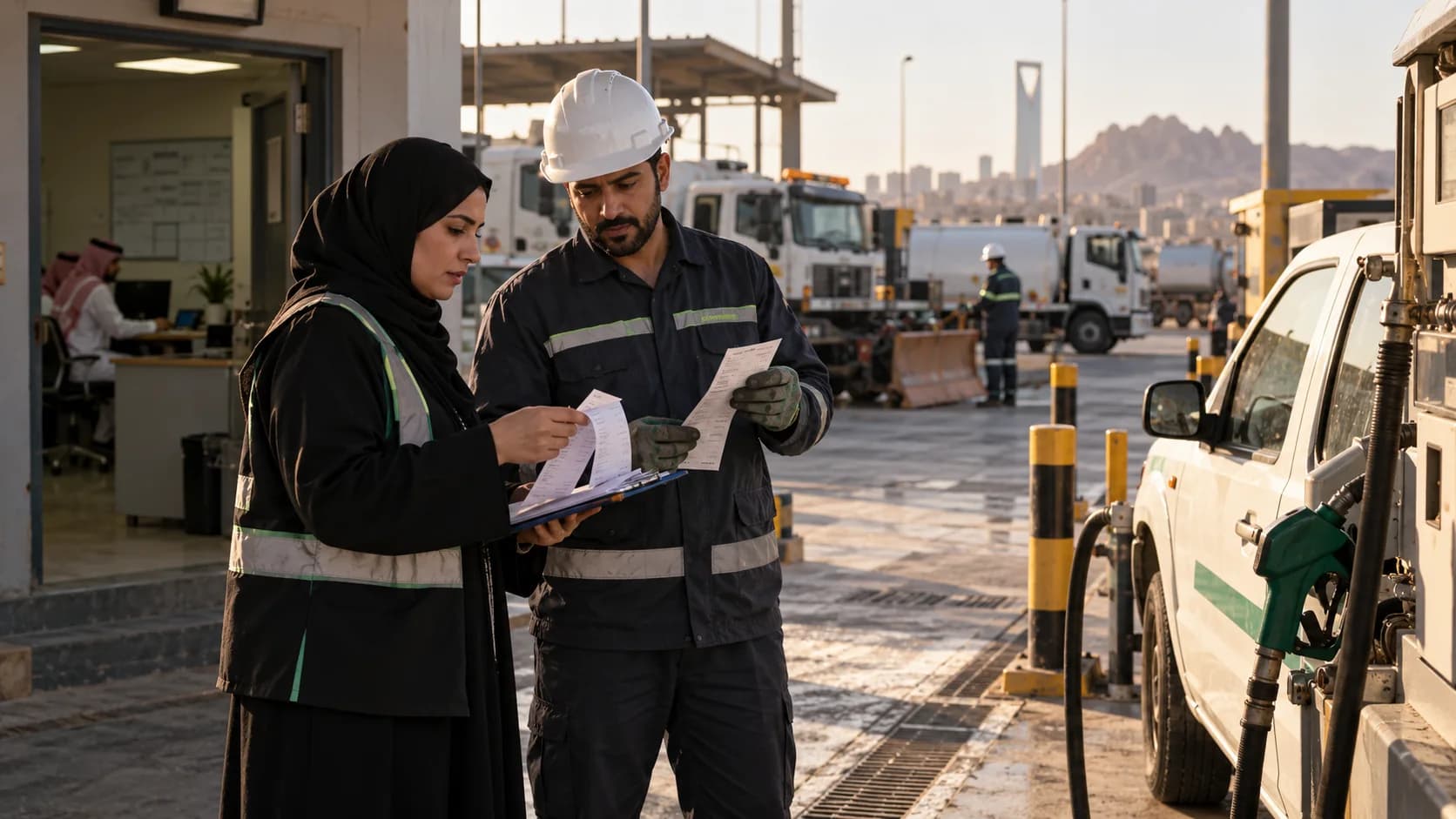 Municipal team checking fuel paperwork beside service vehicles