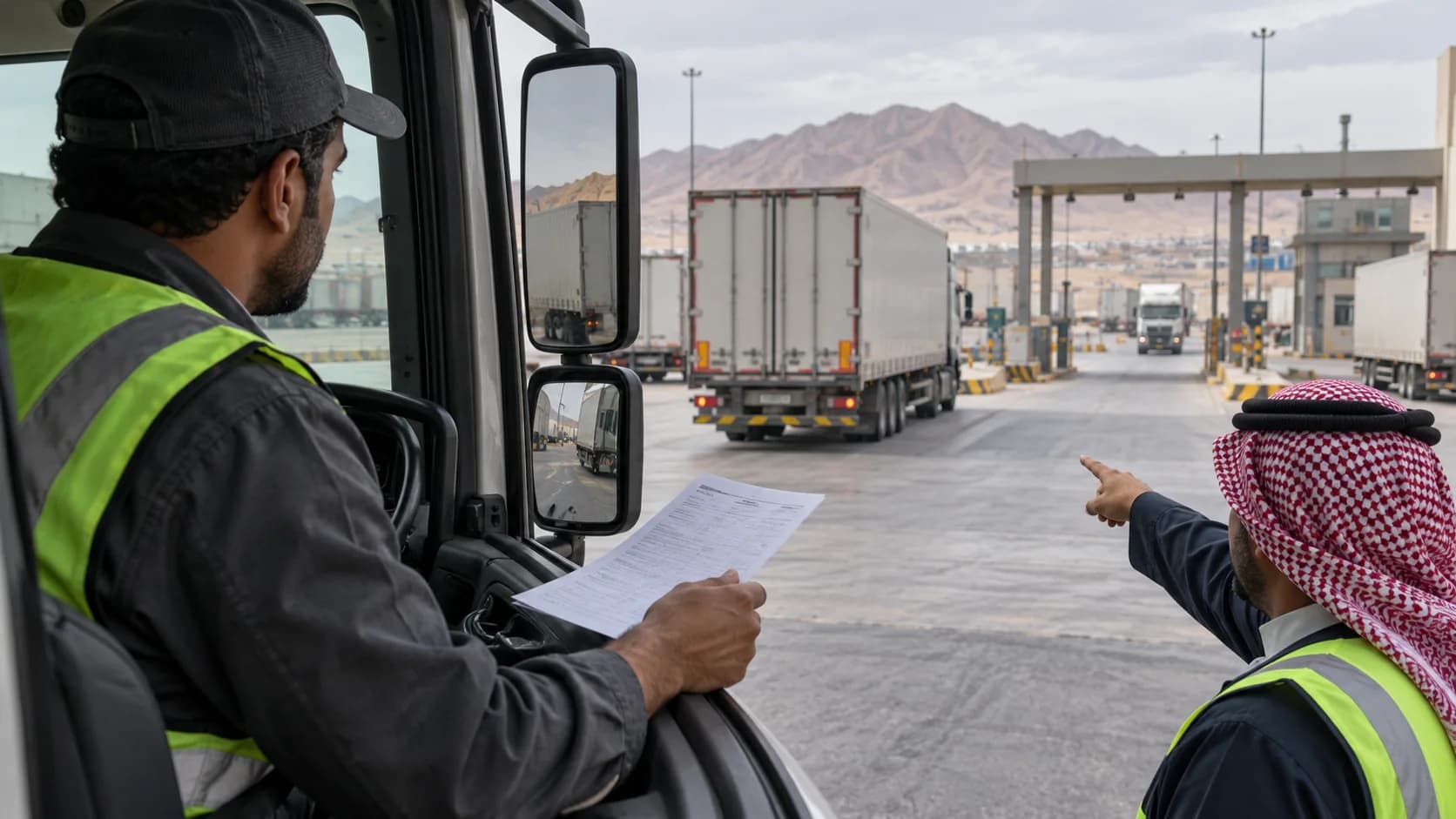 Freight colleagues reviewing a truck handoff at a Saudi depot gate