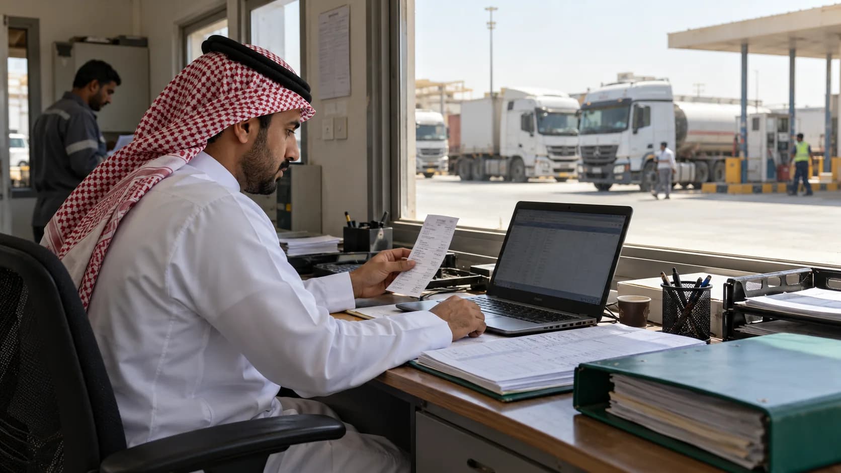 Fuel controller comparing a receipt and trip records in a Saudi freight depot