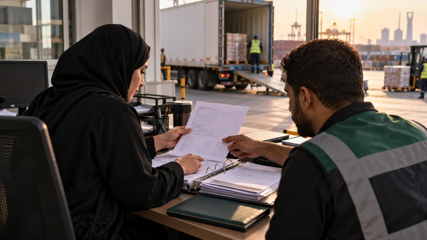 Freight accounts and dispatch colleagues reviewing delivery paperwork