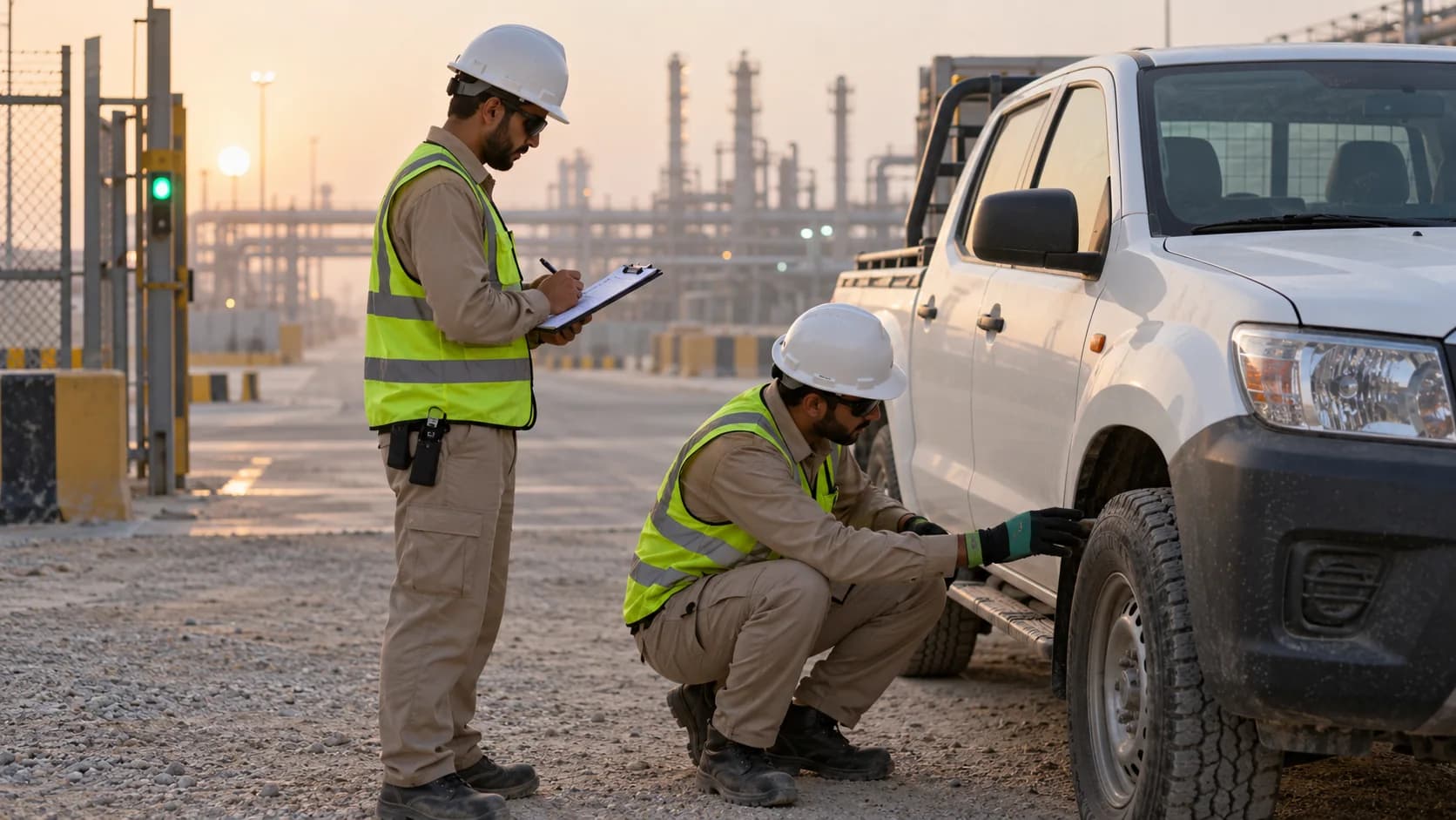 Field crew performing a pre-departure check on a service pickup