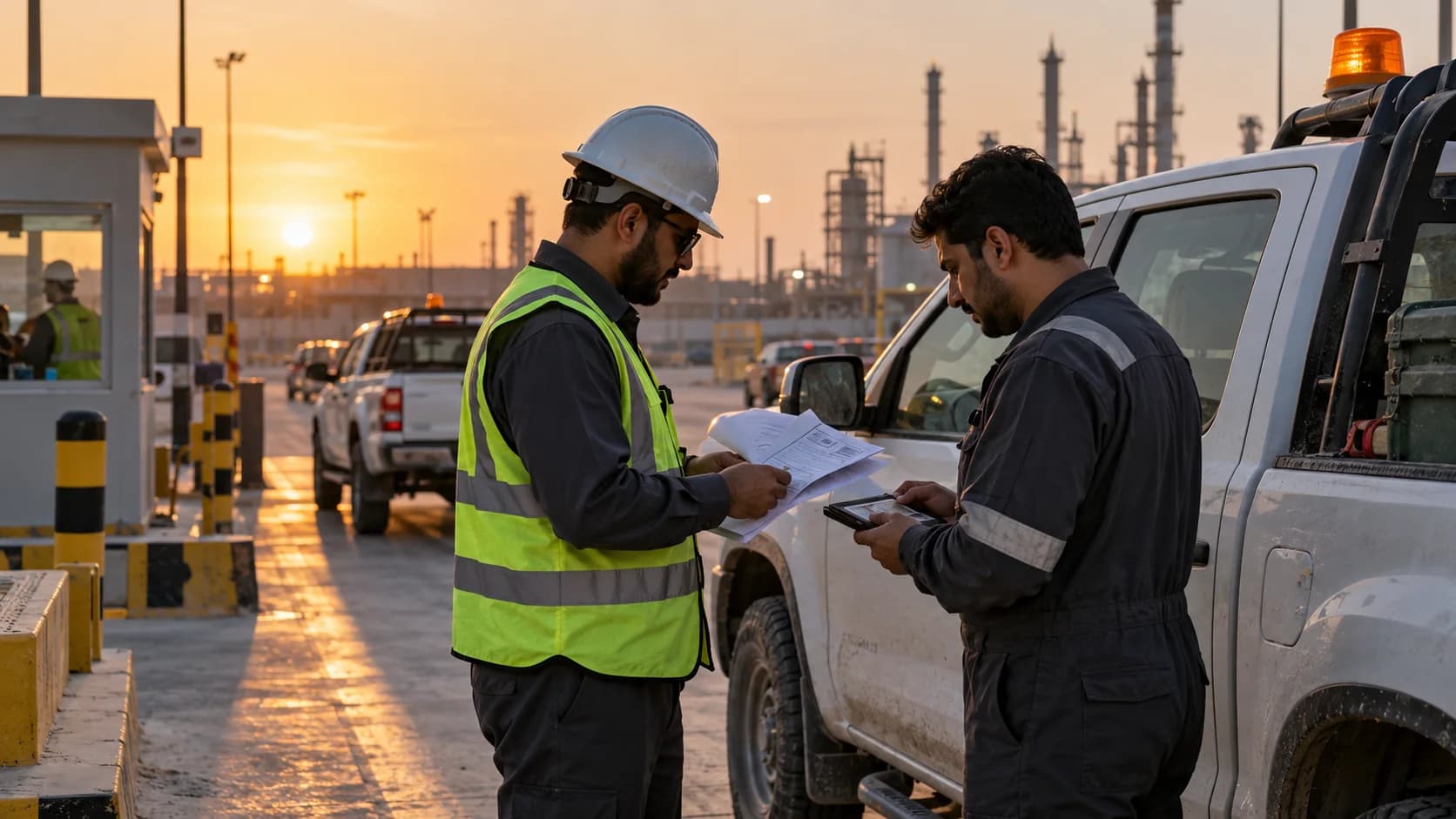 Field supervisor checking vehicle and driver papers before industrial site entry