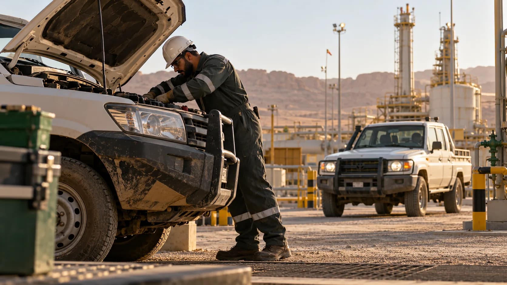Mechanic servicing a pickup at a remote industrial compound